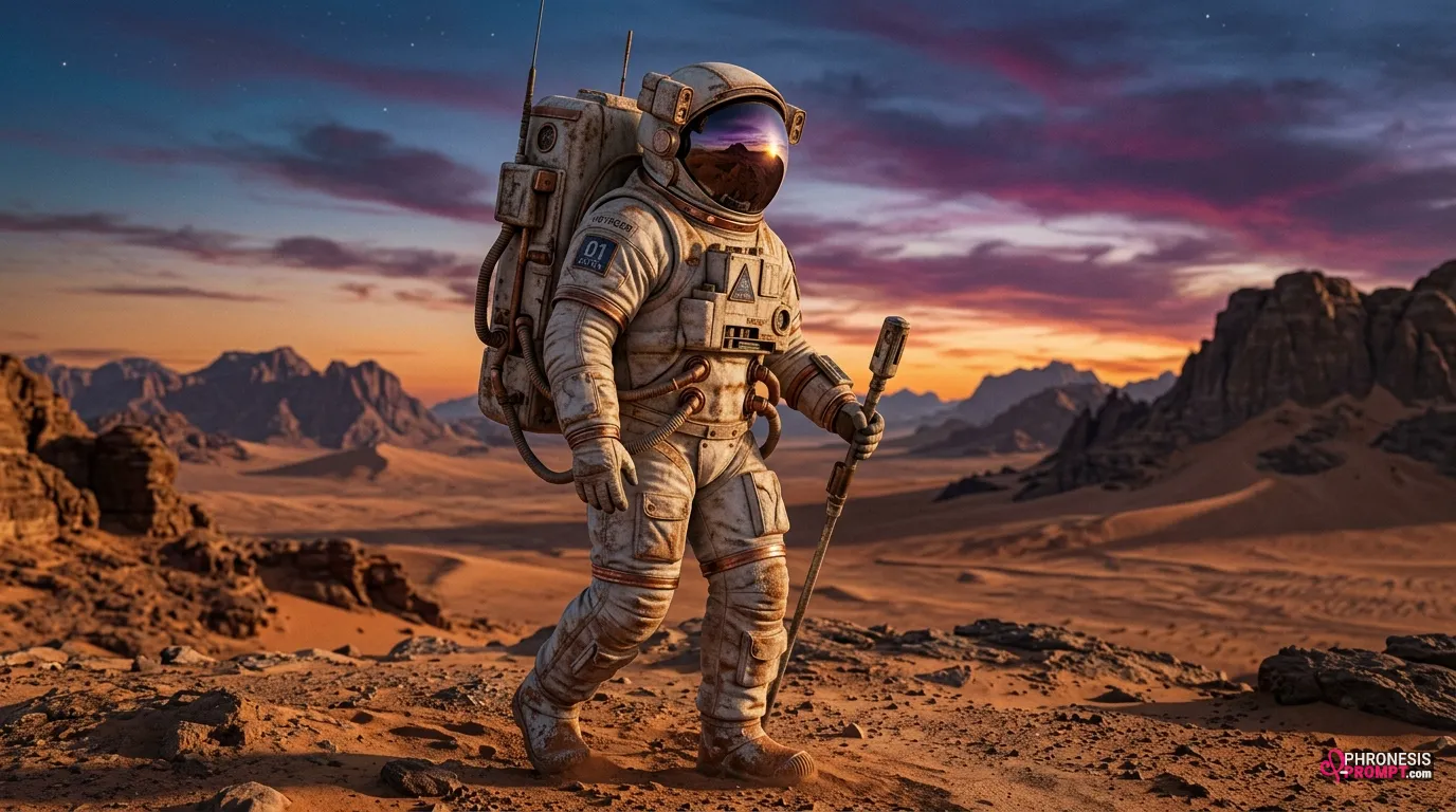 Astronauta solitario en Marte, imagen con prompt de phronesis-prompt