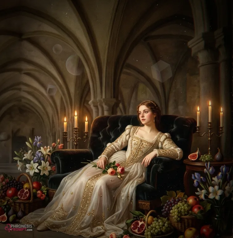 Mujer relajada en pasillo de castillo, imagen con prompt de phronesis-prompt