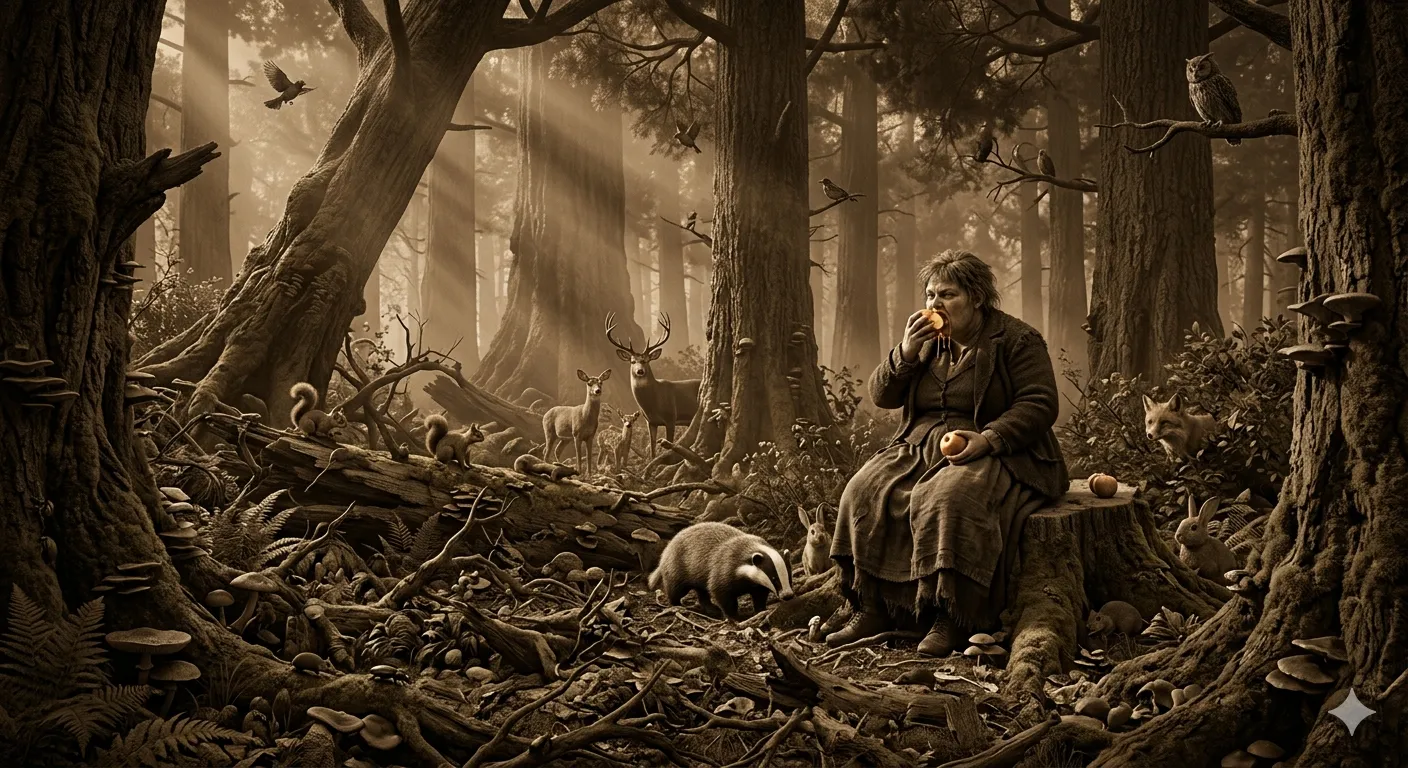Mujer obesa comiendo manzana en bosque, imagen con prompt de phronesis-prompt
