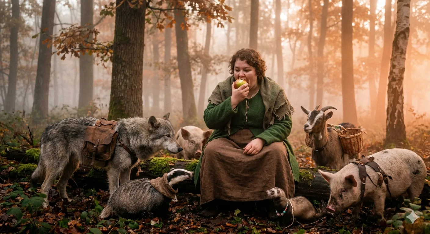 Mujer con sus mascotas en el bosque, imagen con prompt de phronesis-prompt