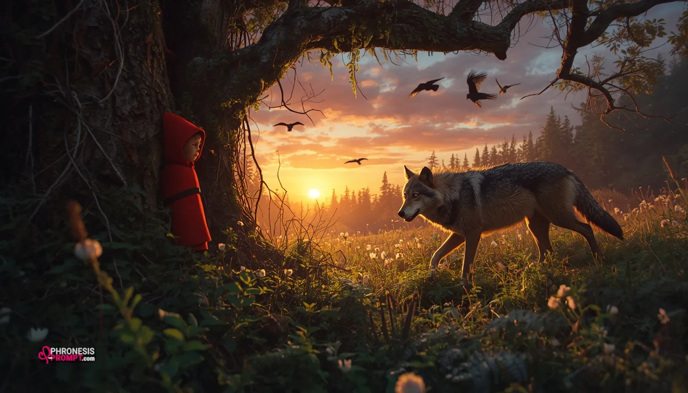 Caperucita atrapada conversa con el lobo, imagen con prompt de phronesis-prompt