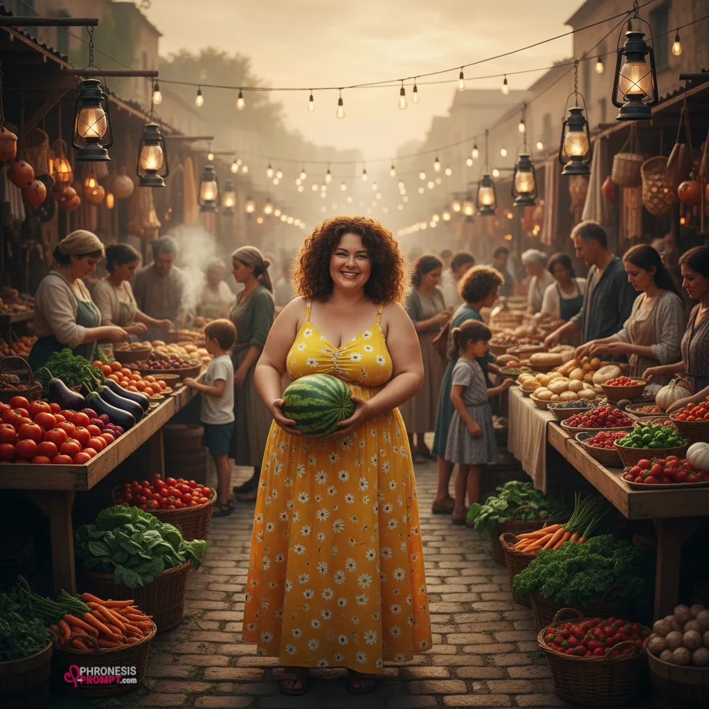 Mujer feliz de amarillo con sandía en mercado, imagen con prompt de phronesis-prompt
