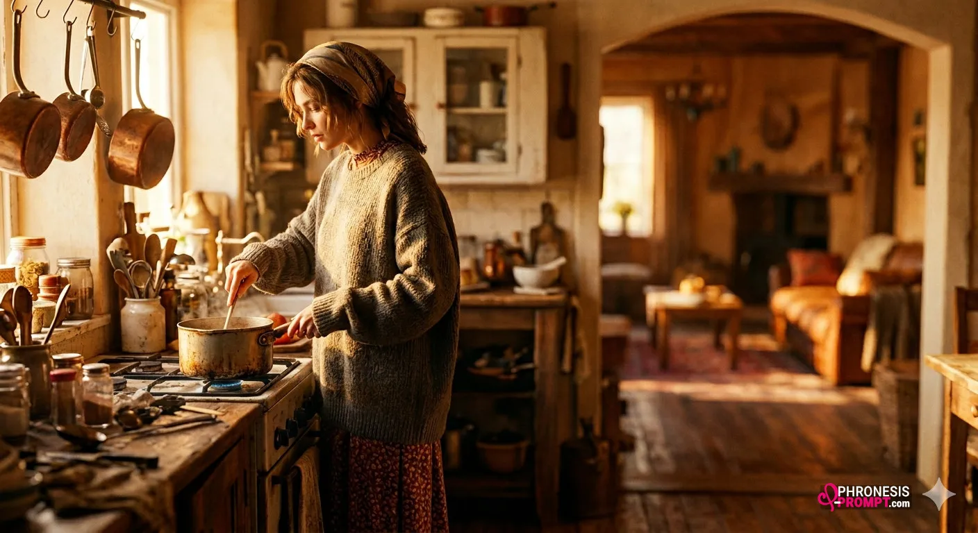 joven cocinando en una bello atardecer cinematográfico, imagen generada con prompt Phronesis-Prompt
