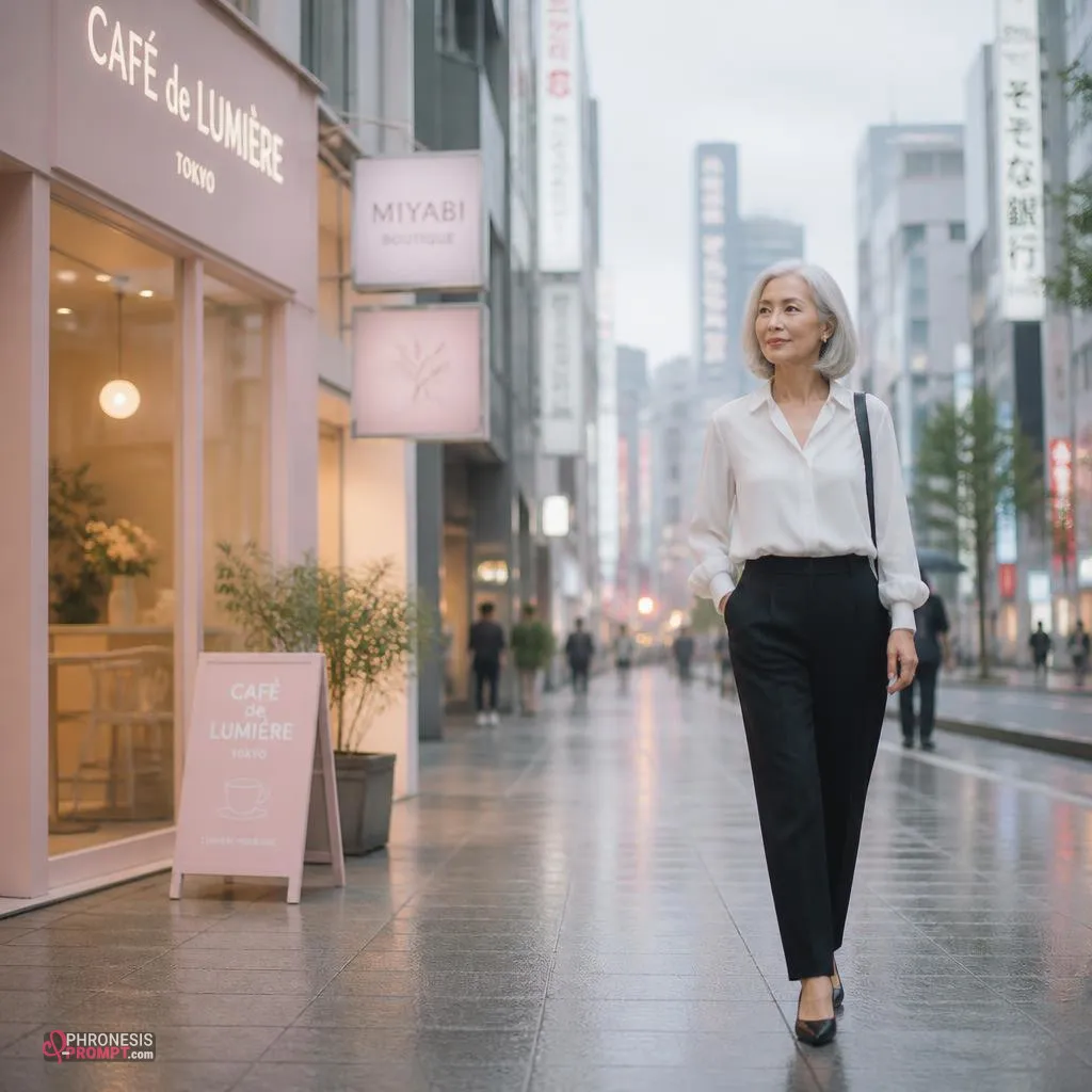Mujer camina por las calles de Tokyo, imagen con prompt de phronesis-prompt