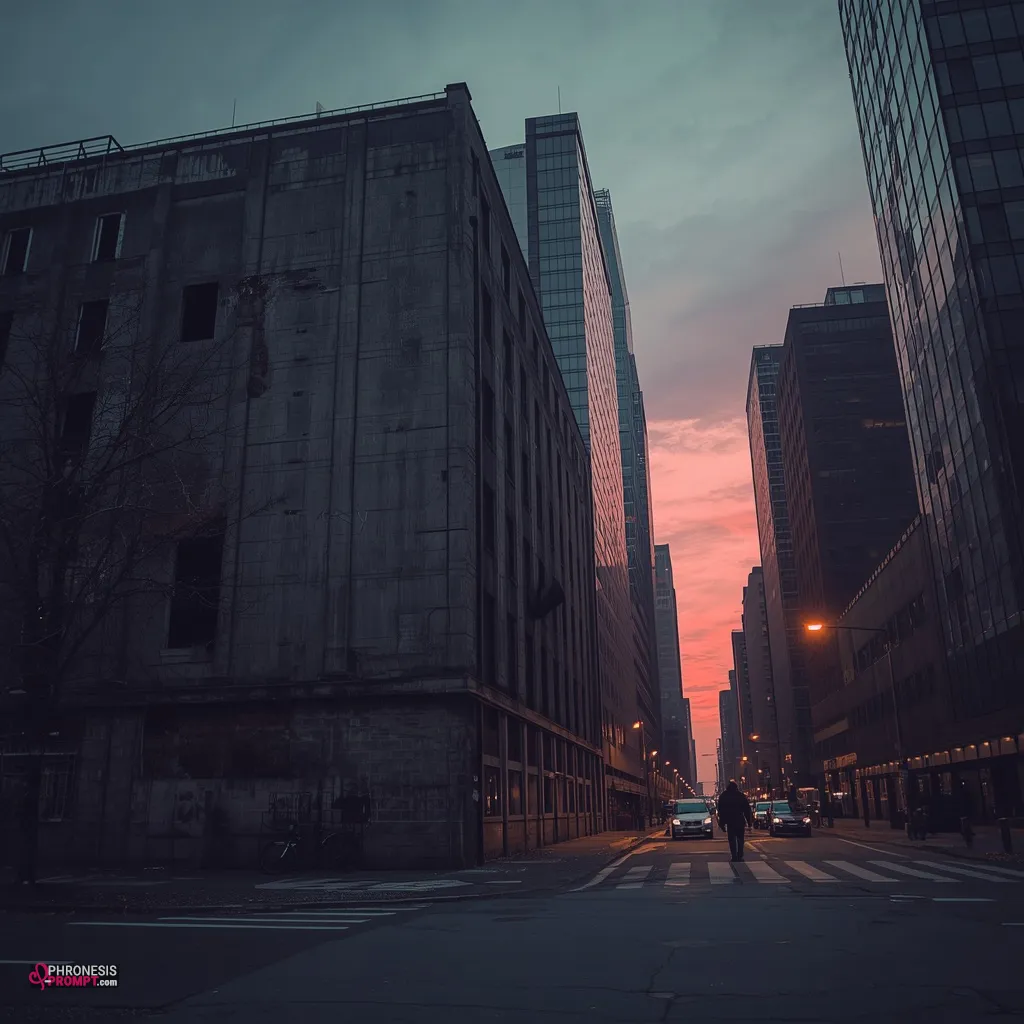 Ciudad solitaria con atardecer, imagen con prompt de phronesis-prompt