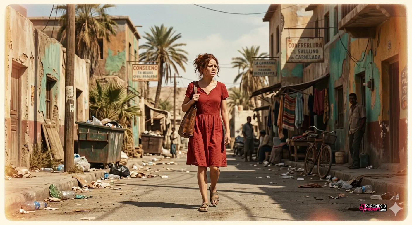 mujer cruda realidad, calle sucia, imagen generada con prompt Phronesis-Prompt