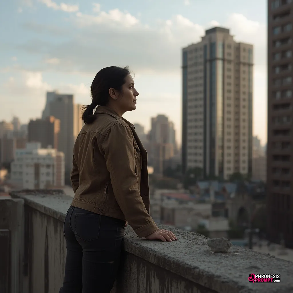 mujer en azotea viendo el horizonte, imagen generada con prompt Phronesis-Prompt