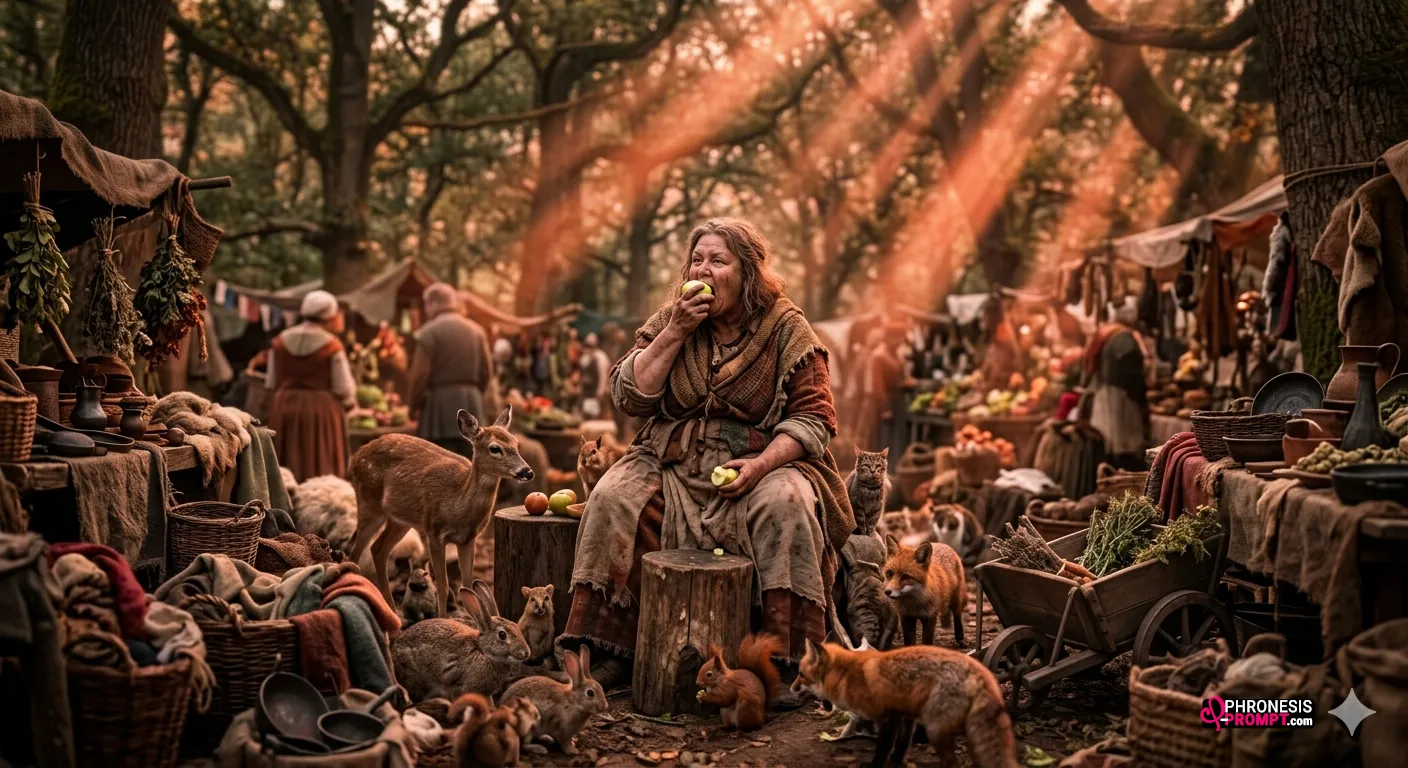 mujer gorda comiendo una manzana en mercado, imagen generada con prompt Phronesis-Prompt